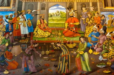 Freska; banket s tančícími dívkami; Shah Tahmasp přijímá indického mughalského císaře Homayuna; 1544; Chehel Sotoun; Palác čtyřiceti pilířů; Isfahán; Írán; Asie od Frederick (attr. to) Barnard