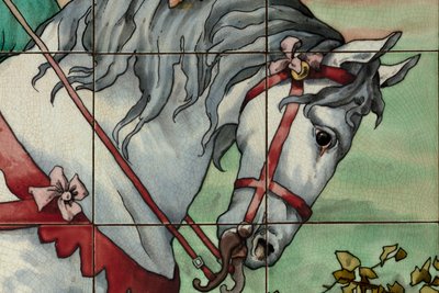 Vnitřní pohled, dlaždicový panel, malíř Furcy Ernest Tondeur, vykonavatel Boch Frères La Louvière, druhý panel, detail od . .