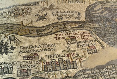 Jericho a jeho okolí, včetně řeky Jordán a Mrtvého moře, detail mapy Svaté země, podlahová mozaika, cca 560 n. l., apsida baziliky svatého Jiří, Madaba, Jordánsko, byzantská civilizace, 6. století n. l. od School Lebanese
