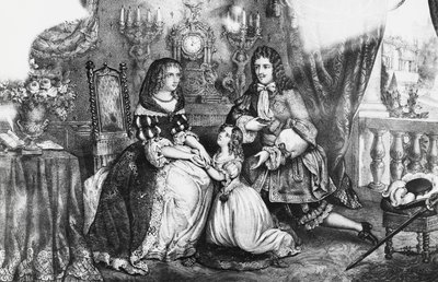 Král Ludvík XIV. a jeho dcera prosí vévodkyni Louise de La Valliere, aby se nestahovala do kláštera od Georg Carl Heinrich Dollmann
