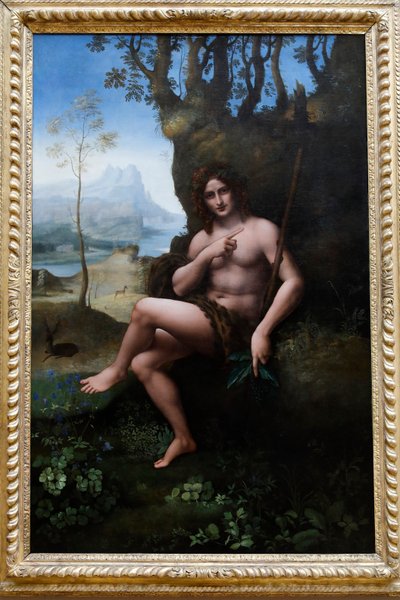 Muzeum Louvre, Paříž, Francie. Dílna Leonarda da Vinci, připsána Francescu Melzimu, svatému Janu Křtiteli, olej na panelu převedeno na plátno, c. 1510-1520. od . .