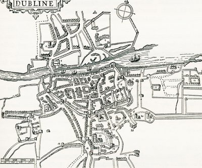 Mapa Dublinu, Irsko v roce 1610, z Our Own Country publikovaná v roce 1898 od Ferdinand Georg Waldmuller