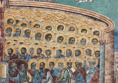 Klášter (manastirea Voronet). Kostel. Vnější. Nástěnné malby. Západní strana. Detail. od . .