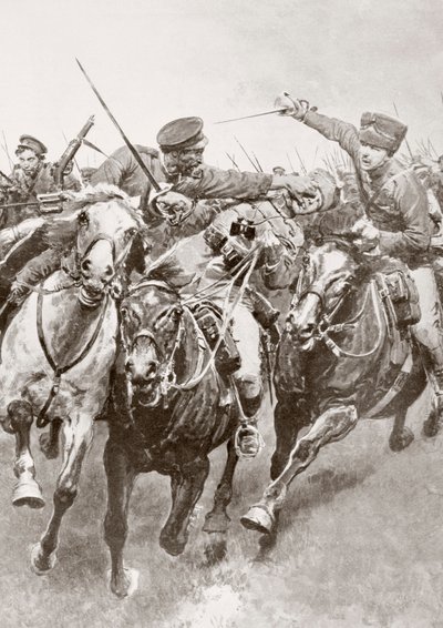 Jízda na koni mezi ruskými kozáky a německou kavalérií známou jako Husaři smrti en Schwansfeld, mezi Korschen a Bartenstein, východní Prusko, srpen 1914 během první světové války, z La Esfera od Ferdinand Georg Waldmuller