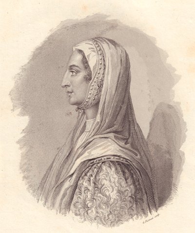 Portrét italské šlechtičny Beatrice Lascaris di Tenda (1372-1418), mědirytina G Fusinati z portrétu vydaného Antoniem Campem od William Walcutt