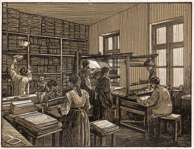 Tiskárna v Budapešti, Maďarsko: faconing a příprava knih. Ženské práce. ca. 1910 (ilustrace) od . .