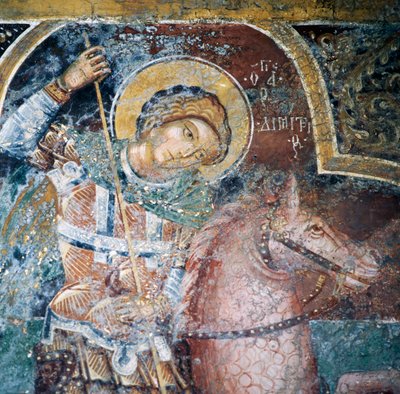 Svatý na koni, freska v kostele kláštera Thari, ostrov Rhodos, Řecko od Georg Carl Heinrich Dollmann