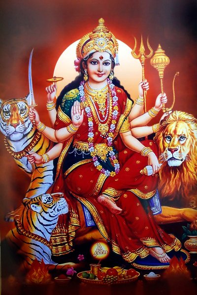 Shiva hinduistický chrám. Obrázek hinduistické bohyně Durgy. od . .