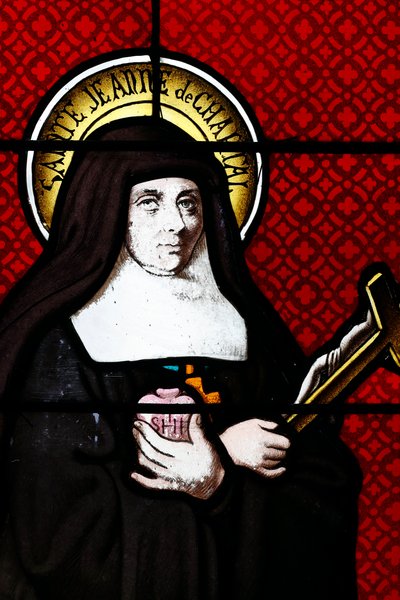 Vitráž. Svatá Jana Frances de Chantal je římskokatolická světice, která byla blahořečena v roce 1751. Založila řeholní řád Navštívení Panny Marie. Thorens. Francie. od . .