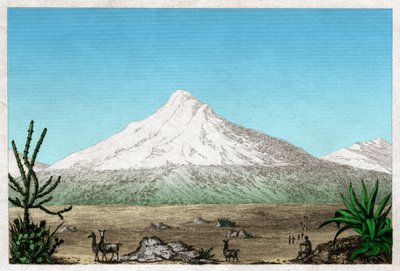 Sopka Chimborazo z náhorní plošiny Tapia, Ekvádor. cca 1840 (rytina) od . .