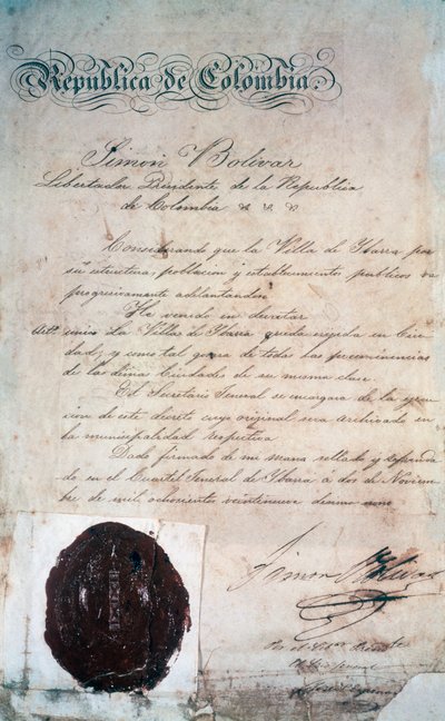 Akt, kterým Simon Bolivar prohlásil město San Miguel de Ibarra, hlavní město okolní provincie, v té době součástí Velké Kolumbie (dnes Ekvádor), 2. listopadu od Georg Carl Heinrich Dollmann