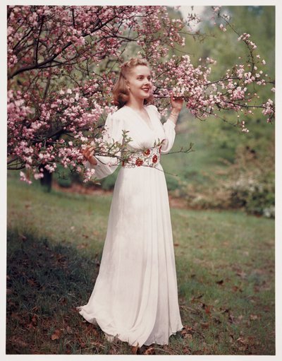 Žena modelující šaty blízko květu, c 1940 od Frederick (attr. to) Barnard
