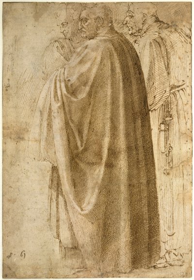 Tři stojící muži v širokých pláštích se otočili doleva od Michelangelo