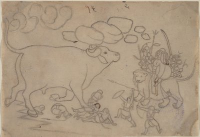 Durga čelí Buffalo Demon Mahisha: Scéna z Devi Mahatmya, Ka. 1780. od a first generation master after Nainsukh