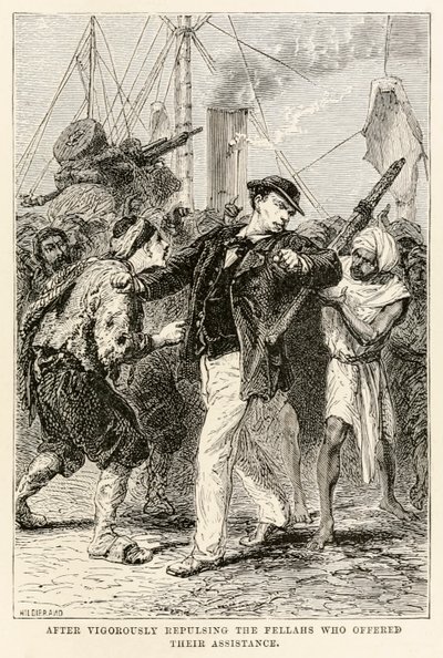 Poté, co energicky odrazil borce, kteří nabídli svou pomoc, z knihy Cesta kolem světa za osmdesát dní od Julese Verna (1828-1905), vyryl Henri-Théophile Hildebrand (1824-1897) 1873 (rytina od after Alphonse Marie de Neuville