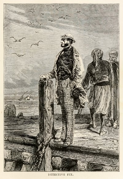 Detective Fix, z Cesta kolem světa za osmdesát dní od Julese Verna (1828-1905), vyryl Louis Dumont (nar. 1822), 1873 od after Alphonse Marie de Neuville