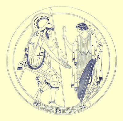 Sedící válečník drží svůj pohár vína, ilustrace z řeckého Vase Paintings od J. E. Harrisona a D. S. MacColl, vydaného v roce 1894 (digitálně vylepšený obrázek) od after English School