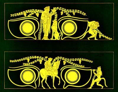 Dionysos, Héfaistos a satyrové, ilustrace z řeckých vázových maleb od J. E. Harrisona a D. S. MacColl, publikovaná v roce 1894 (digitálně vylepšený obrázek) od after English School