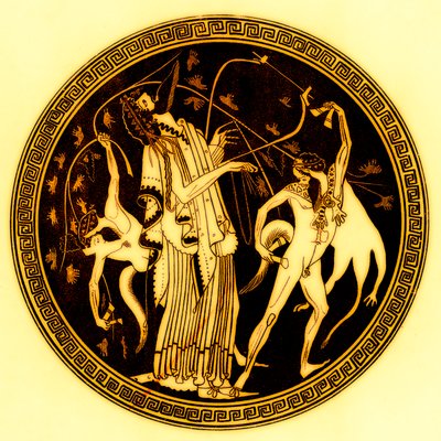 Dionysos and satyrs, ilustrace z Greek Vase Paintings od J. E. Harrisona a D. S. MacColl, publikovaná v roce 1894 (digitálně vylepšený obrázek) od after English School