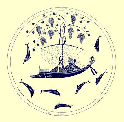 Dionýsos na moři, ilustrace z Greek Vase Paintings od J. E. Harrisona a D. S. MacColl, publikovaná v roce 1894 (digitálně vylepšený obrázek) od after English School