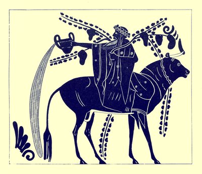 Dionýsos jedoucí na býkovi, ilustrace z řeckých vázových maleb od J. E. Harrisona a D. S. MacColl, publikovaná v roce 1894 (digitálně vylepšený obrázek) od after English School