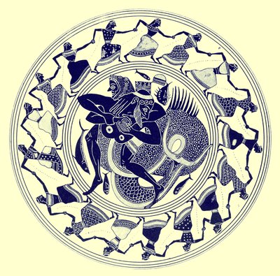 Herakles zápasí s Tritonem, ilustrace z Greek Vase Paintings od J. E. Harrisona a D. S. MacColl, publikovaná v roce 1894 (digitálně vylepšený obrázek) od after English School
