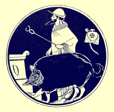 Hermes and the masked dog, ilustrace z Greek Vase Paintings od J. E. Harrisona a D. S. MacColl, publikovaná v roce 1894 (digitálně vylepšený obrázek) od after English School