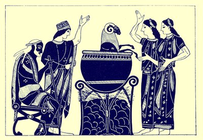 Medea Boiling the Ram, ilustrace z Greek Vase Paintings od J. E. Harrisona a D. S. MacColl, publikovaná v roce 1894 (digitálně vylepšený obrázek) od after English School