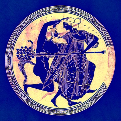 Satyr a Maenad, ilustrace z Greek Vase Paintings od J. E. Harrisona a D. S. MacColl, publikovaná v roce 1894 (digitálně vylepšený obrázek) od after English School