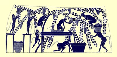 Satyrové shromažďují vinobraní, ilustrace z řeckých vázových maleb od J. E. Harrisona a D. S. MacColl, publikovaná v roce 1894 (digitálně vylepšený obrázek) od after English School