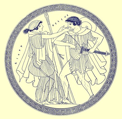 Theseus a Aethra, ilustrace z Greek Vase Paintings od J. E. Harrisona a D. S. MacColl, publikovaná v roce 1894 (digitálně vylepšený obrázek) od after English School