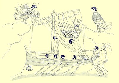 Ulysses and the Sirens, ilustrace z Greek Vase Paintings od J. E. Harrisona a D. S. MacColl, publikovaná v roce 1894 (digitálně vylepšený obrázek) od after English School