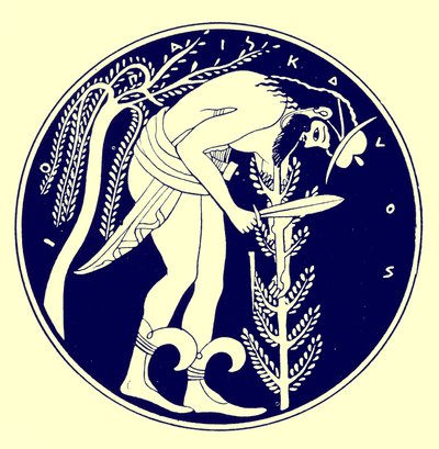Woodman at work, ilustrace z Greek Vase Paintings od J. E. Harrisona a D. S. MacColl, publikovaná v roce 1894 (digitálně vylepšený obrázek) od after English School