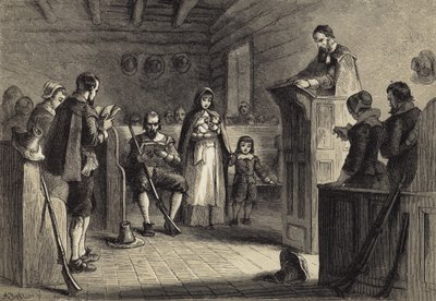 Veřejné uctívání v Plymouthu poutníky od after Felix Octavius Carr Darley