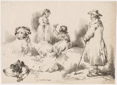 Studie o dětech (dvě malé holčičky); Dva psi; Muž od after George Morland