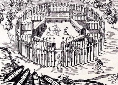 Vesnice Guarani, z Gottfrieds Historia Antipodum, hospoda. v roce 1655, z Romance of the River Plate, sv. I, od W. H. Koebel, 1914 od after German School
