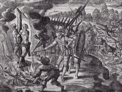 Španělská pomsta za smrt Ayolase, z Gottfrieds Historia Antipodum, hospoda. v roce 1655, z Romance of the River Plate, sv. I, od W. H. Koebel, 1914 od after German School
