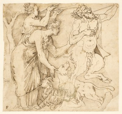 Satyr, dvě ženy, lev a koza od after Giulio Romano