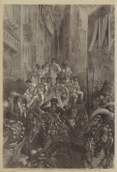 Býčí zápasy v Bayonne, kavalkáda směřující k aréně na náměstí Saint-Esprit od Gustave after Dore