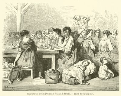 Cigarreras v práci, fabrica de tabacos ze Sevilly od Gustave after Dore