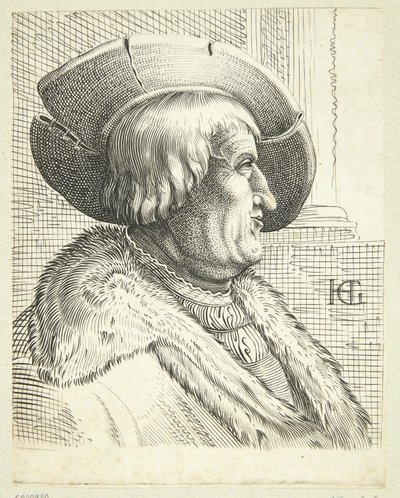 Fantasy portrét starého muže s kloboukem v profilu od after Hendrick Goltzius