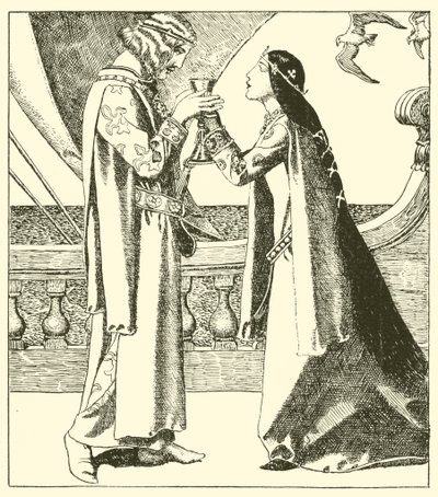 Belle Isoult a sir Tristram pijí nápoj lásky od after Howard Pyle
