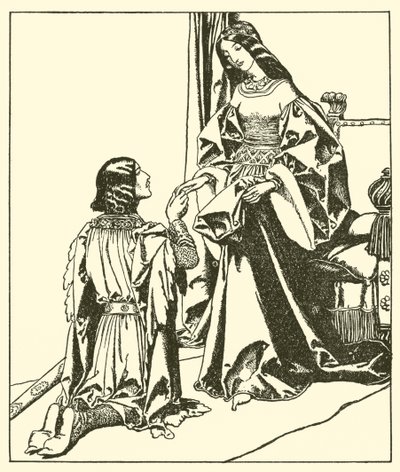 Sir Launcelot vítá královnu Guinevere od after Howard Pyle