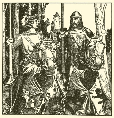 Sir Percival a sir Lamorack jedou společně od after Howard Pyle
