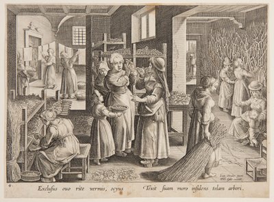 Krmení listů moruše bource morušového od after Jan van der Straet, called Stradanus