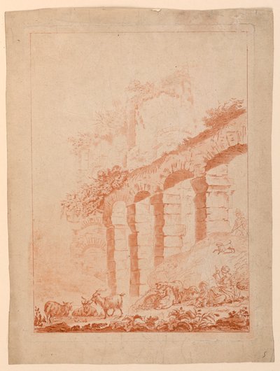 Pastýři koz v krajině s ruinami od after Jean Baptiste Huet