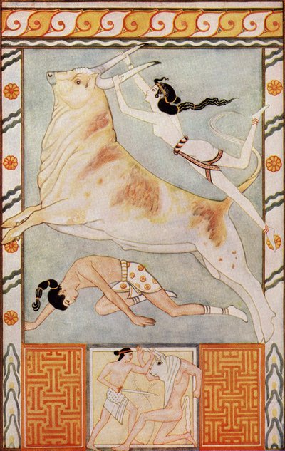 The Bull Baiters, ilustrace z „Mýtů o Krétě a předhelénské Evropě“ od Donalda A. Mackenzieho, vydané v roce 1917 od after John Duncan