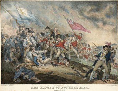 Bitva u Bunkers Hill, 17. června 1775, ryl Alfred Hoffy (c.1790-1860), pub. 1786 (ručně kolorovaná rytina) od after John Trumbull