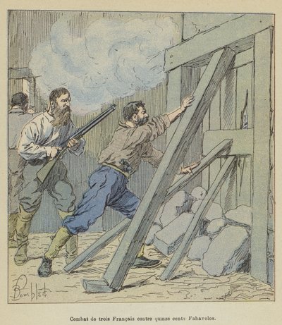 Boj tří Francouzů proti patnácti stovkám Fahavolos od after Louis Charles Bombled