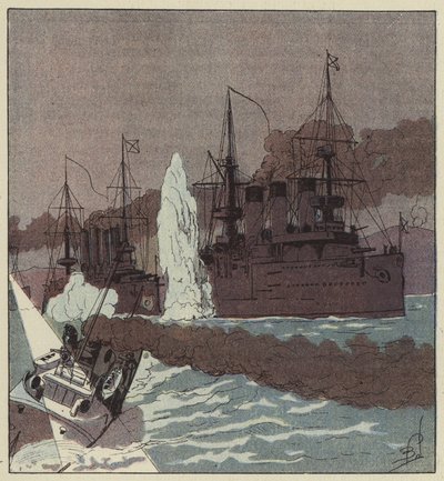 Japonci torpédují ruskou flotilu. od after Louis Charles Bombled